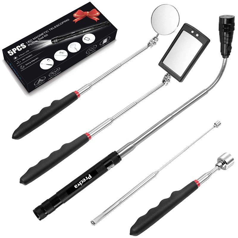 Preciva 5PCS Magnetic Telescoping Pick-up Tool Kit-Valentines Day Gifts for Men, with 15lb &1lb Pick Up Rod, Round□ 360 Swivel Adjustable Inspection Mirror&Telescoping Flexible LED Flashlight - Image 1